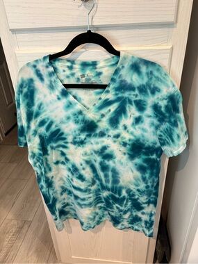 Unisex Hanes Tie-Dye V-Neck Short Sleeve Top - Teal White